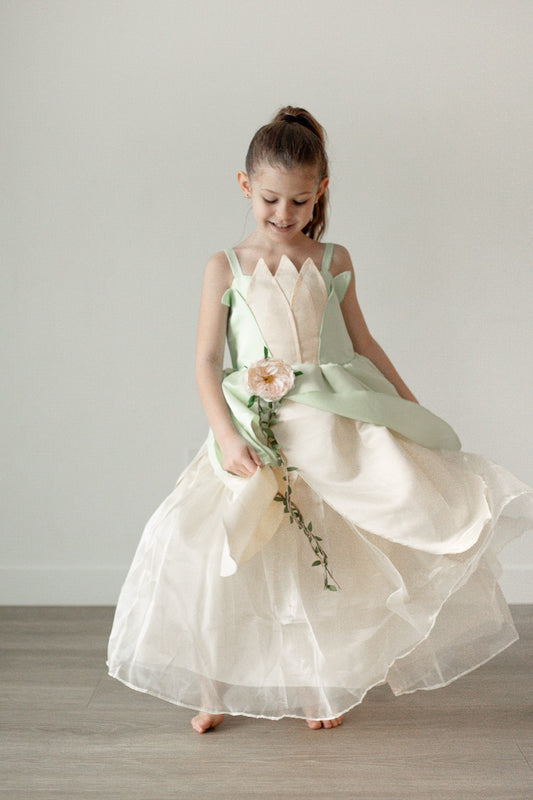 Royal Tiana-Inspired Princess Dress with Elegant Green Satin