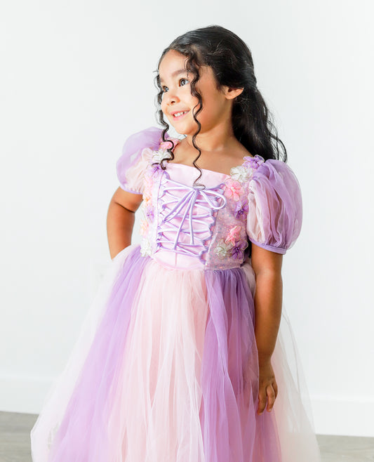 Beaded Flower Rapunzel Princess Dress - Lavender & Pink