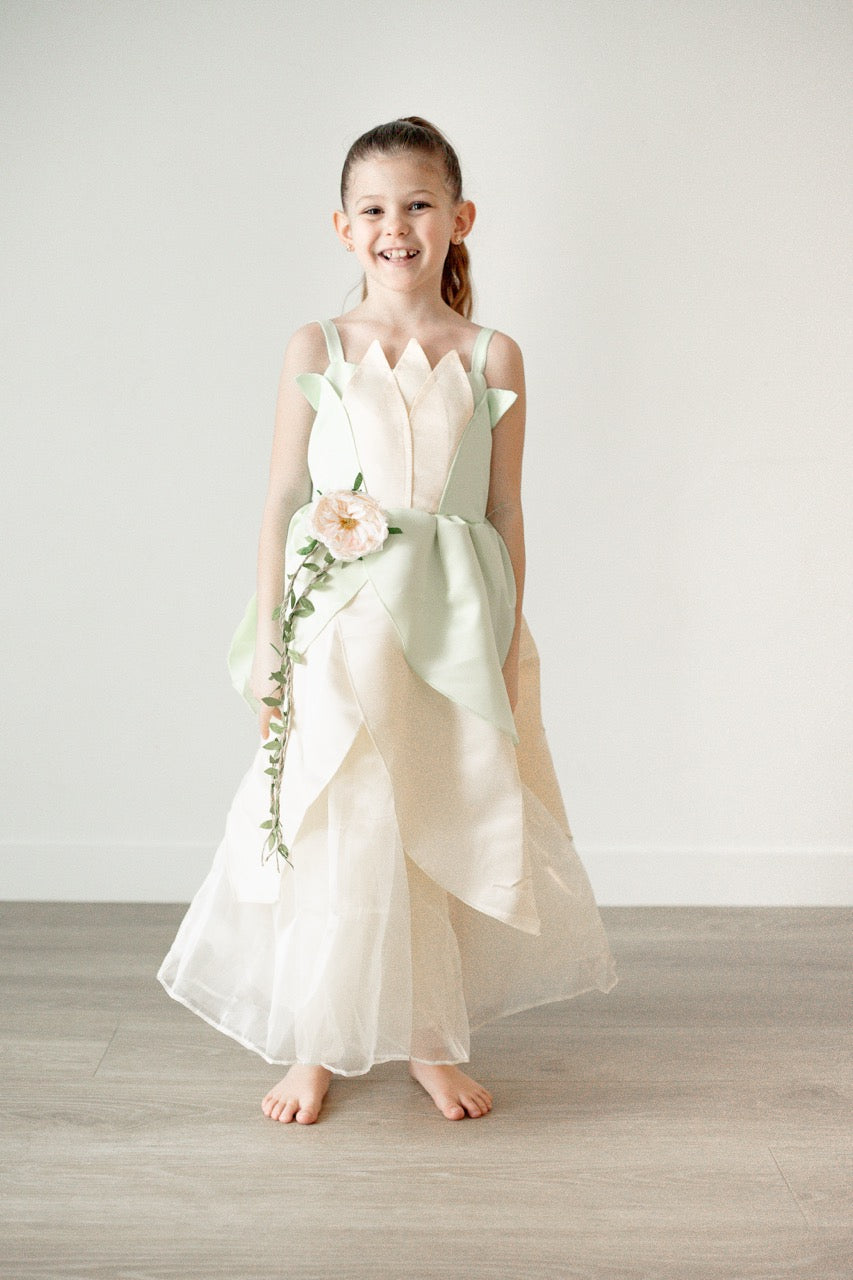 Royal Tiana-Inspired Princess Dress with Elegant Green Satin