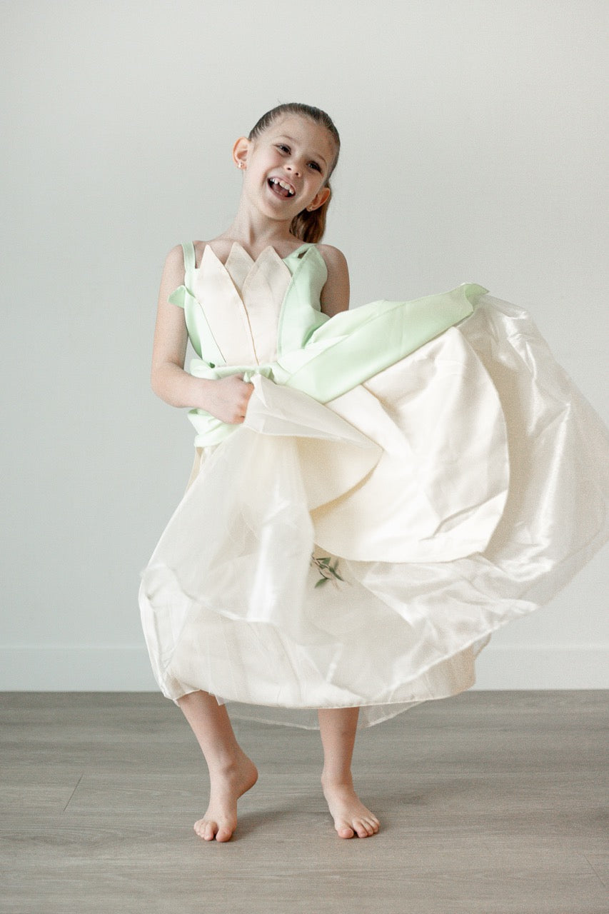 Royal Tiana-Inspired Princess Dress with Elegant Green Satin