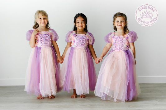 Beaded Flower Rapunzel Princess Dress - Lavender & Pink