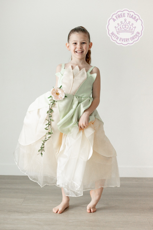 Royal Tiana-Inspired Princess Dress with Elegant Green Satin